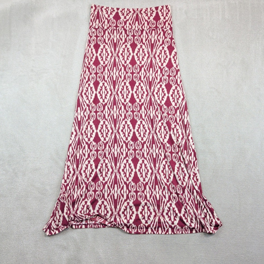 Living Doll Vintage Boho Maxi Skirt XL Burgundy Ikat Geometric Flowy Long Skirt